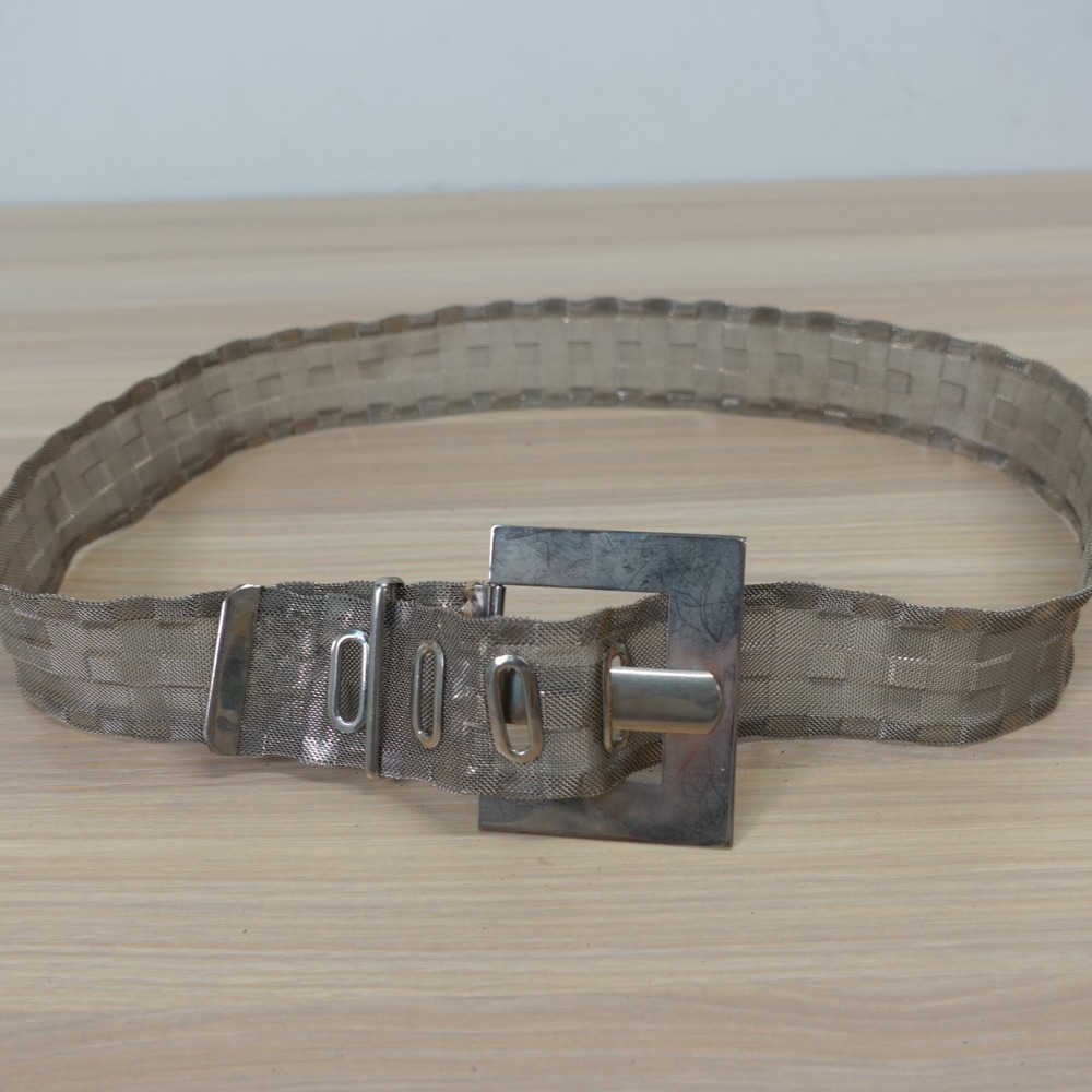 Vintage Mesh Belt Womens XS Wide Silver Buckle Wire Disco 80s Textured PARISTYLE
